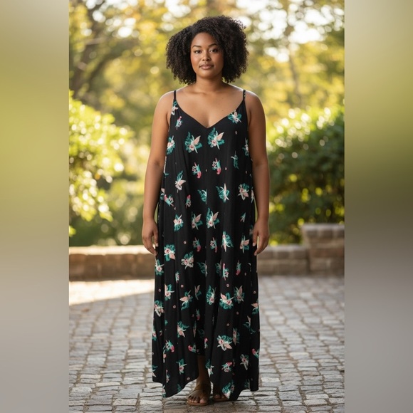 Addition Elle, Plus Size Parrot Floral Dress, 20W, Black, Pink - Picture 1 of 10